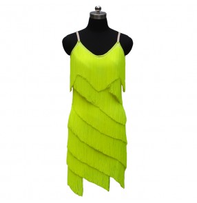 Neon  fluorescent  green orange white fringes tassels v neck sleeveless women's competition performance latin salsa samba dance dresses